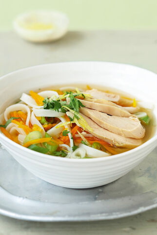 Ingwer-Zitronen-Suppe mit Huhn & Reisbandnudeln Ingwer-Zitronen-Suppe mit Huhn & Reisbandnudeln