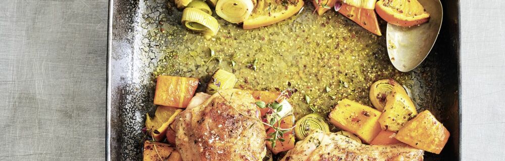 Huhn mit Kürbis vom Blech Huhn mit Kürbis vom Blech