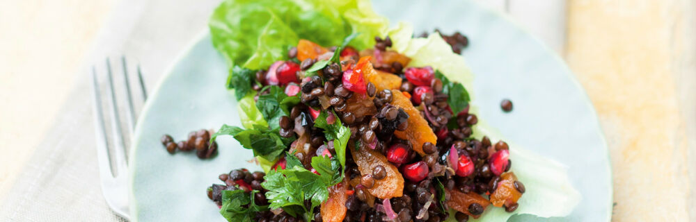 Belugalinsen-Salat mit getrockneten Aprikosen und Oliven Belugalinsen-Salat mit getrockneten Aprikosen und Oliven