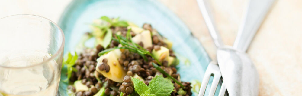 Avocado-Apfel-Salat mit grünen Linsen, Chili und Minze Avocado-Apfel-Salat mit grünen Linsen, Chili und Minze