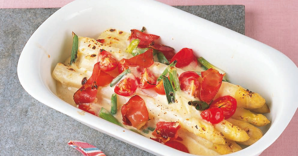 Spargel-Tomaten-Gratin mit Schinken Rezept | Küchengötter