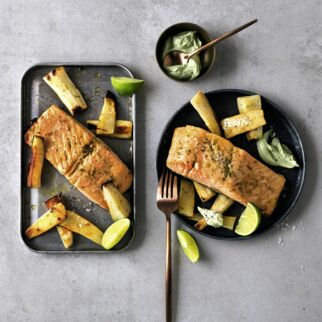 Anis-Limetten-Lachs mit Gemüse und Matcha-Dressing