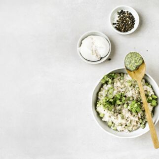 Erbsen-Risotto mit Burrata Erbsen-Risotto mit Burrata