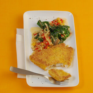 Polenta-Fisch auf Mangoldgemüse Polenta-Fisch auf Mangoldgemüse