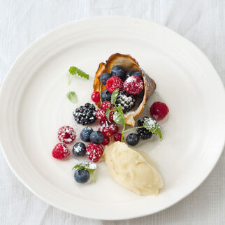 Schoko-Stanitzel mit Beeren und Apfel-Sorbet Schoko-Stanitzel mit Beeren und Apfel-Sorbet