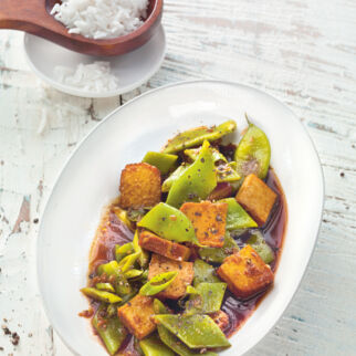 Geschmorter Tofu mit Frühlingszwiebeln Geschmorter Tofu mit Frühlingszwiebeln