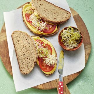 Tomaten-Sandwich mit selbst gemachtem Hummus Tomaten-Sandwich mit selbst gemachtem Hummus