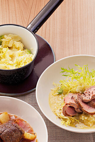 Gedämpftes Kalbsfilet mit Frisée-Kartoffel-Stampf Gedämpftes Kalbsfilet mit Frisée-Kartoffel-Stampf