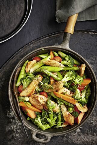 Balsamicohähnchen auf buntem Pfannengemüse Balsamicohähnchen auf buntem Pfannengemüse