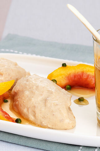 Kalbsleber-Mousse mit Pfefferpfirsich Kalbsleber-Mousse mit Pfefferpfirsich