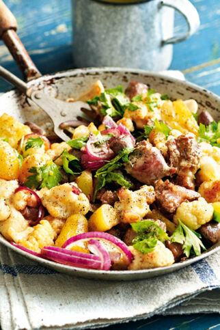 Hühnerherzen-Confit mit Kartoffeln und Rosenkohl Hühnerherzen-Confit mit Kartoffeln und Rosenkohl