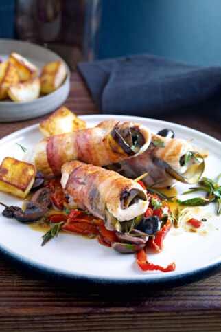 Speck-Puten-Röllchen mit Auberginen Speck-Puten-Röllchen mit Auberginen