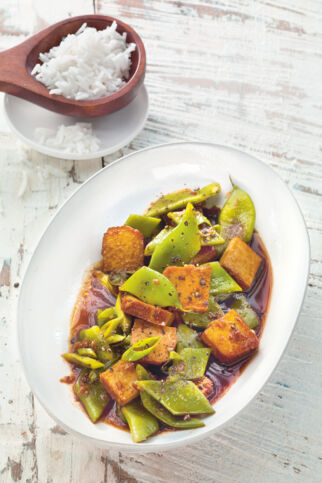 Geschmorter Tofu mit Frühlingszwiebeln Geschmorter Tofu mit Frühlingszwiebeln