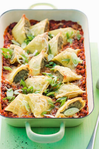 Gratinierte Maultaschen mit Linsenbolognese Gratinierte Maultaschen mit Linsenbolognese