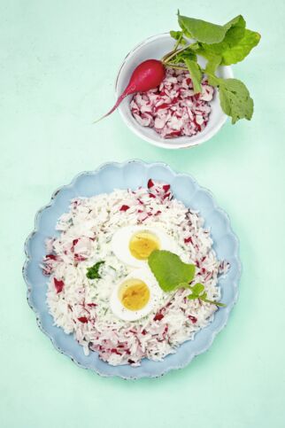 Grüne Sauce mit rosa Reis Grüne Sauce mit rosa Reis