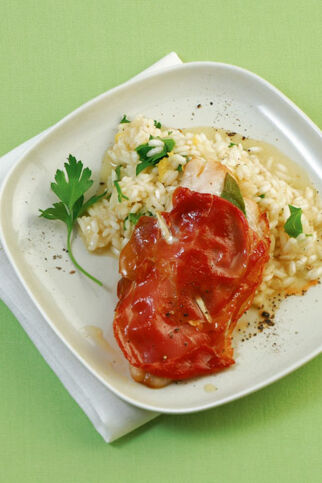 Fisch-Saltimbocca mit Petersilien-Risotto Fisch-Saltimbocca mit Petersilien-Risotto