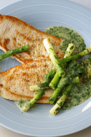 Putenschnitzel mit Frühlingszwiebeln und grüner Sauce Putenschnitzel mit Frühlingszwiebeln und grüner Sauce