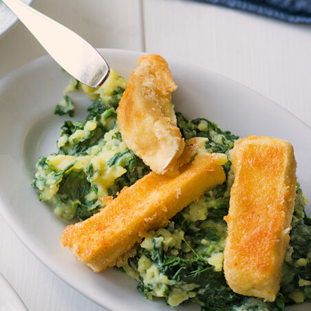Spinat-Kartoffel-Stampf mit Käseschnitzel Spinat-Kartoffel-Stampf mit Käseschnitzel