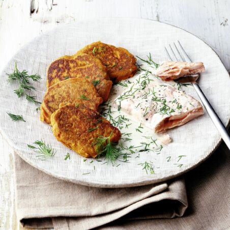 Süsskartoffel-Bratlinge
mit Lachs Süsskartoffel-Bratlinge
mit Lachs