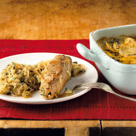Schnitzelröllchen mit Kartoffelgratin Schnitzelröllchen mit Kartoffelgratin