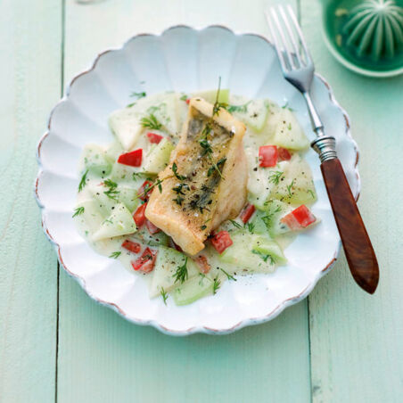 Gebratener Zander auf Kohlrabi-Tomaten-Gemüse Gebratener Zander auf Kohlrabi-Tomaten-Gemüse