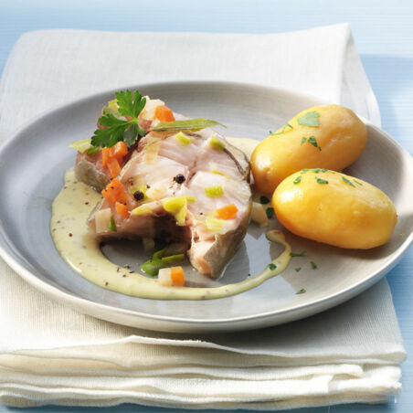 Gedünsteter Dorsch mit Senfsahne Gedünsteter Dorsch mit Senfsahne