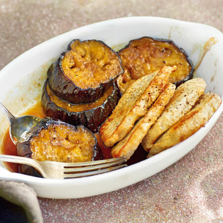 Kandierte Auberginen mit Schweinelendchen Kandierte Auberginen mit Schweinelendchen