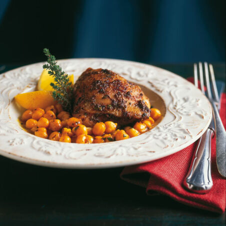 Hähnchenkeulen mit Safran und Kichererbsen Hähnchenkeulen mit Safran und Kichererbsen