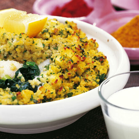 Fisch-Spinat-Gratin mit Couscoushaube Fisch-Spinat-Gratin mit Couscoushaube