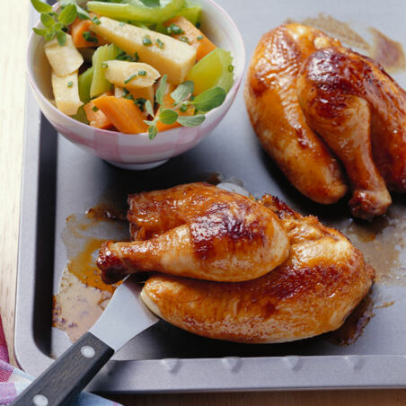 Stubenküken im Bratschlauch mit Wurzelgemüse Stubenküken im Bratschlauch mit Wurzelgemüse