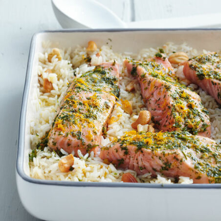 Orangen-Lachs mit Cashewreis Orangen-Lachs mit Cashewreis
