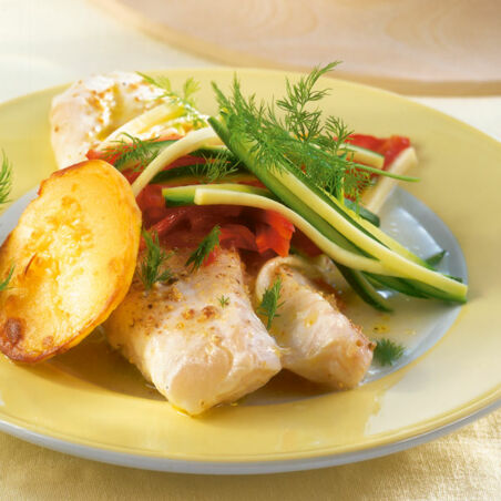 Kabeljau mit Gemüsestiften Kabeljau mit Gemüsestiften