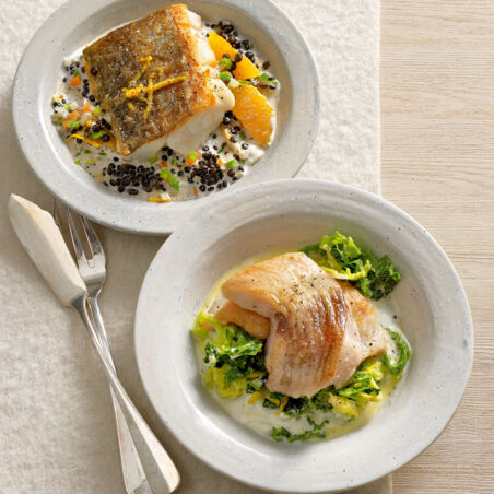 Skreifilets auf Orangen-Sahne-Linsen Skreifilets auf Orangen-Sahne-Linsen