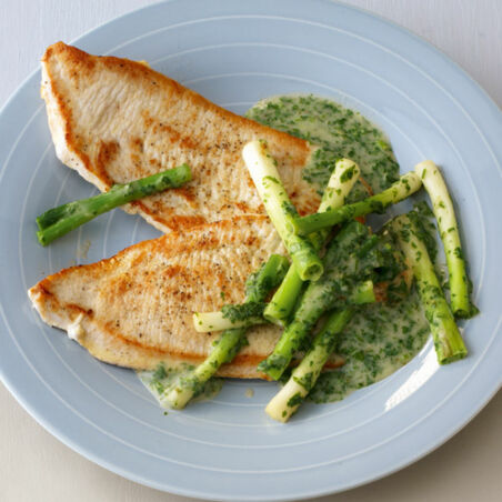 Putenschnitzel mit Frühlingszwiebeln und grüner Sauce Putenschnitzel mit Frühlingszwiebeln und grüner Sauce