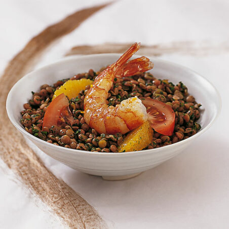 Linsensalat mit Orangen und Garnelen Linsensalat mit Orangen und Garnelen