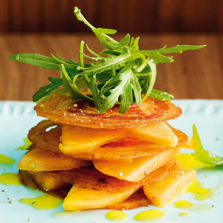 Pancetta-Chips mit Honigmelone und Rucola Pancetta-Chips mit Honigmelone und Rucola