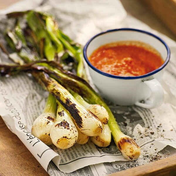 Gegrillte Frühlingszwiebeln mit Paprikasauce Rezept | Küchengötter